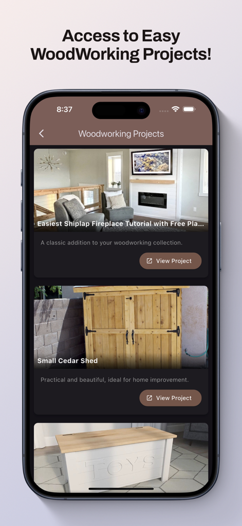 TimberTinker - TimberTinker app interface displaying various woodworking projects including a shiplap fireplace and a cedar shed.