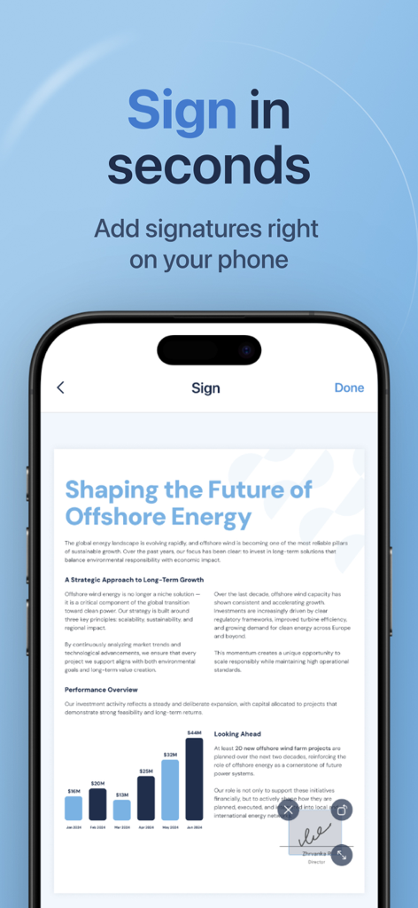 Scanner : PDF Scanner. - Mobile app interface showing how to sign a PDF document on a smartphone
