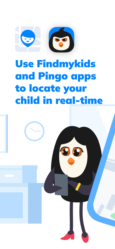 Cartoon parent penguin using Pingo and Findmykids apps for real time child location tracking
