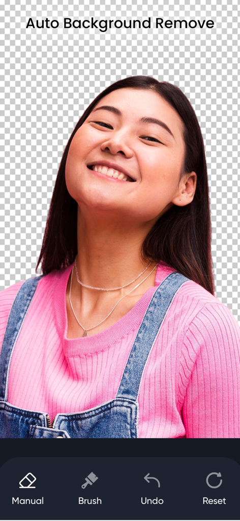 Erase Objects: Remove Object - A mobile app interface displaying a portrait of a smiling woman with the background automatically removed and replaced with a transparent grid.