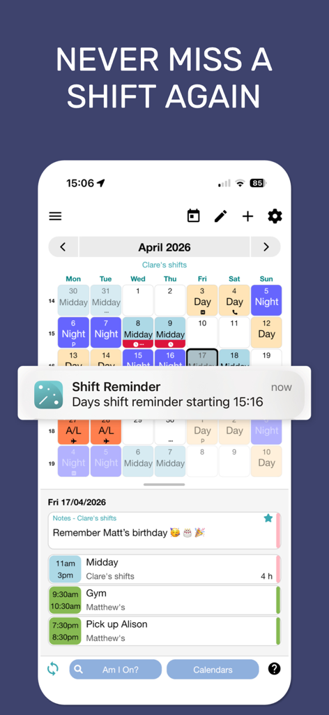 My Shift Planner - Calendar - Smartphone screen displaying My Shift Planner app with a color coded monthly calendar and a shift reminder notification.