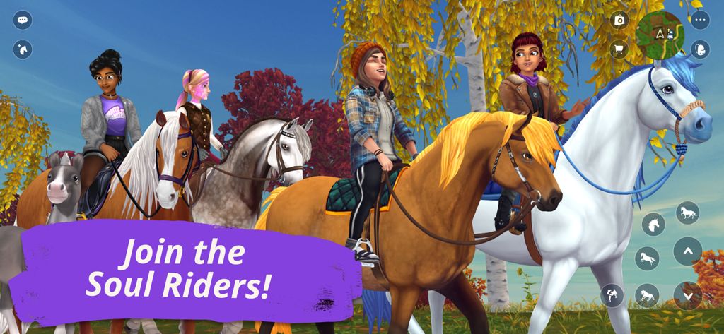 Star Stable Online: Horse Game - Eine Gruppe von weiblichen Charakteren reitet zusammen auf verschiedenen Pferderassen in Star Stable Online mit der Bildunterschrift 'Schließe dich den Seelenreiterinnen an'.