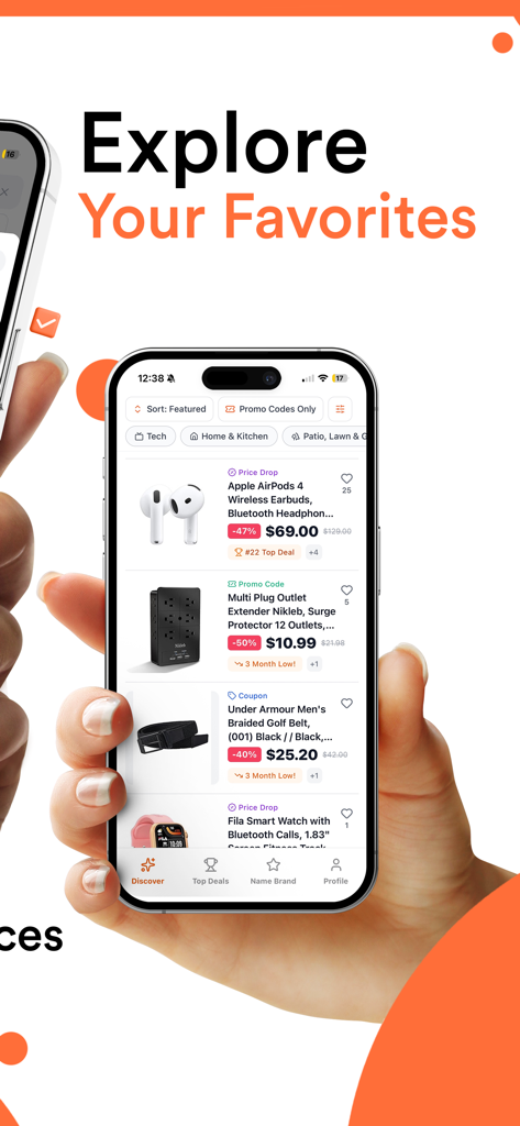 Interfaz de la aplicación DealSeek en un smartphone mostrando descuentos y códigos promocionales seleccionados para las mejores marcas.