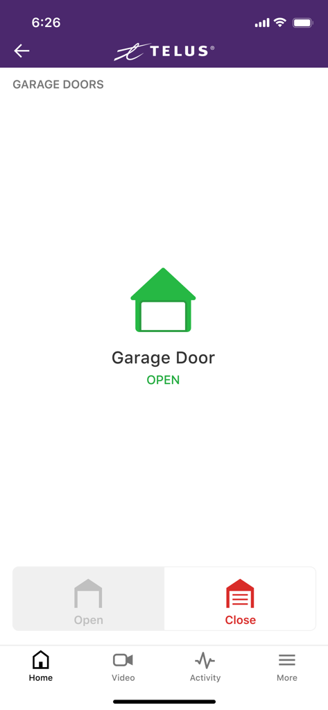 TELUS SmartHome app interface showing the status of a garage door as open with a red close button
