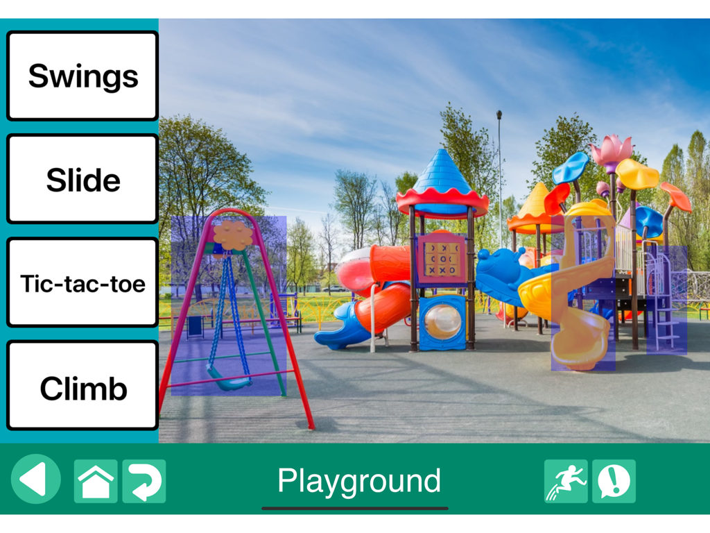 GoTalk NOW app interface showing a playground visual scene with interactive hotspots and communication buttons