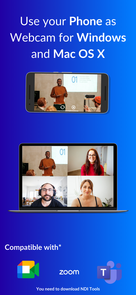 NDI를 통해 Windows 및 Mac 영상 통화용 웹캠으로 사용되는 iPhone