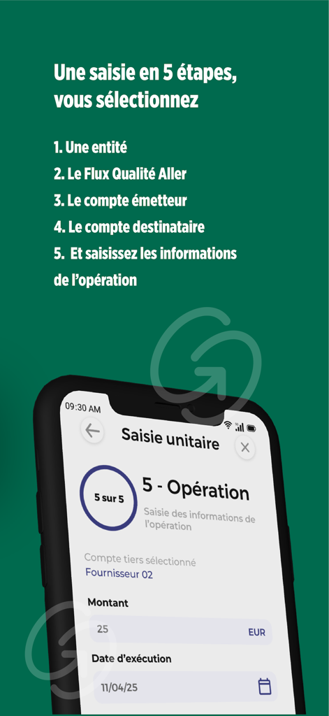 Interface showing a five-step process for entering business transactions in the EDI Advanced app