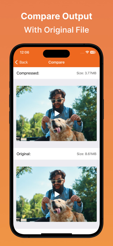 Video Compressor : Save Space - Uma tela de comparação lado a lado no aplicativo Compressor de Vídeo mostrando um arquivo de vídeo original versus uma saída comprimida para verificar a qualidade.