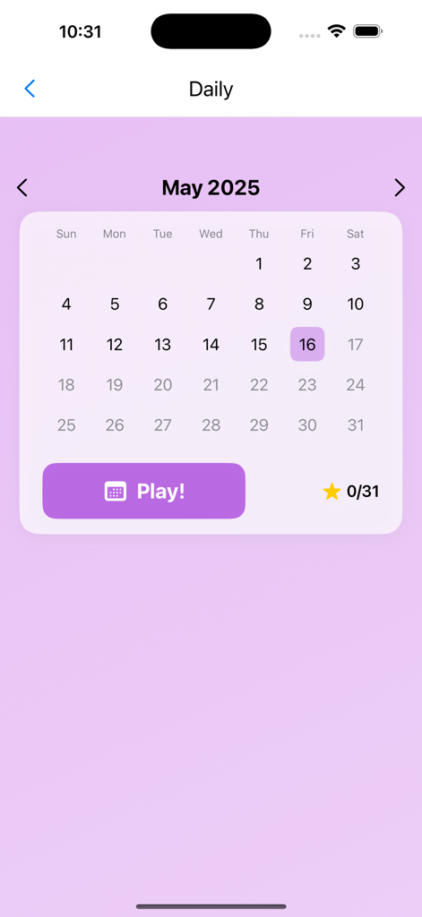 Una pantalla de calendario de desafío diario en la aplicación Juego de Adivinar Mayor o Menor que muestra el mes de mayo de 2025 con un botón de jugar.