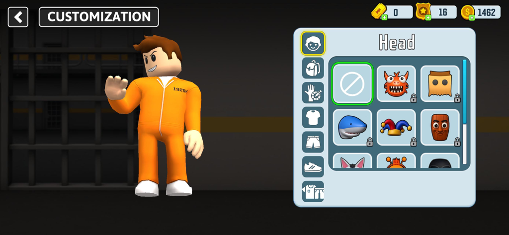 Menú de personalización de personajes en Parkour 3D - Juegos de Escape de Prisión que presenta un avatar de prisionero bloqueado y varios accesorios para la cabeza