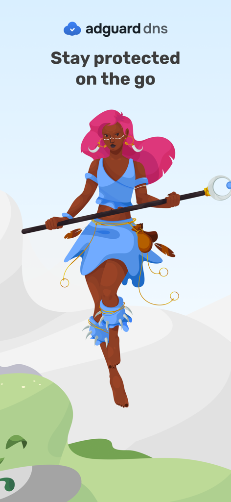 AdGuard DNS - AdGuard DNS app splash screen with a guardian character and the slogan Stay protected on the go