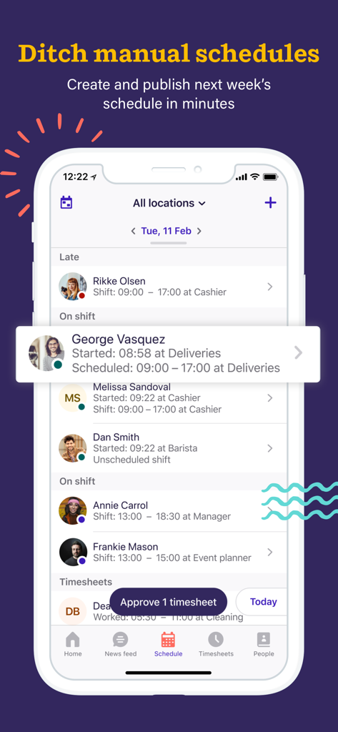 Deputy: Shift Schedule Maker - Pantalla de la aplicación Deputy para gestionar turnos de empleados y aprobar hojas de tiempo