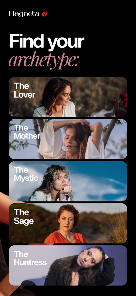 Magneta - Become Magnetic - Interface of the Magneta app displaying female archetypes such as The Lover The Mother and The Mystic