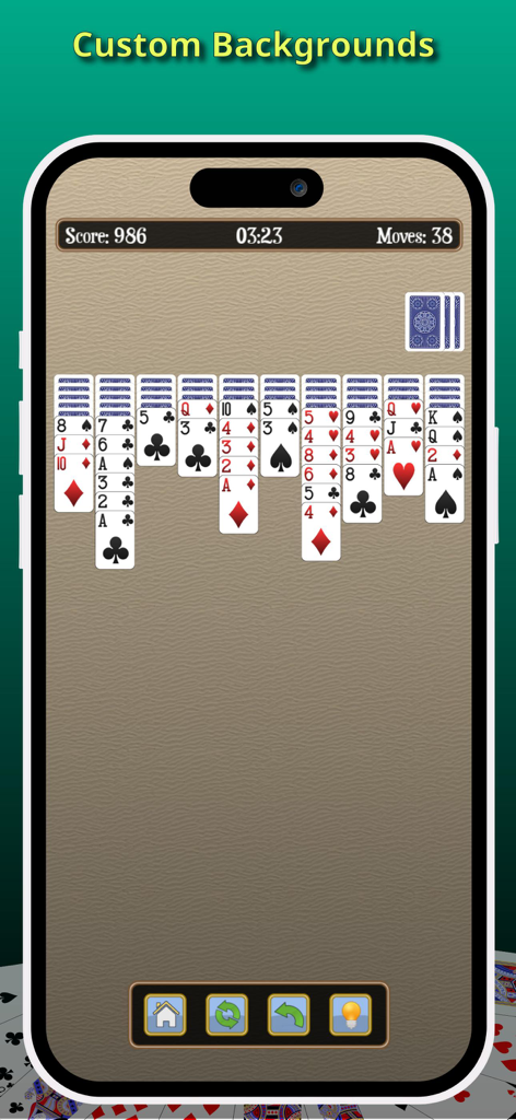 Black Widow - Spider Solitaire - Smartphone screen displaying a Spider Solitaire game with a custom textured brown background