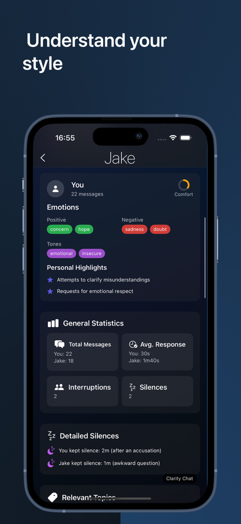 Deep Conversations: Clarity - Interface of the Clarity app showing an emotional and statistical analysis of a chat conversation including tone detection and response times