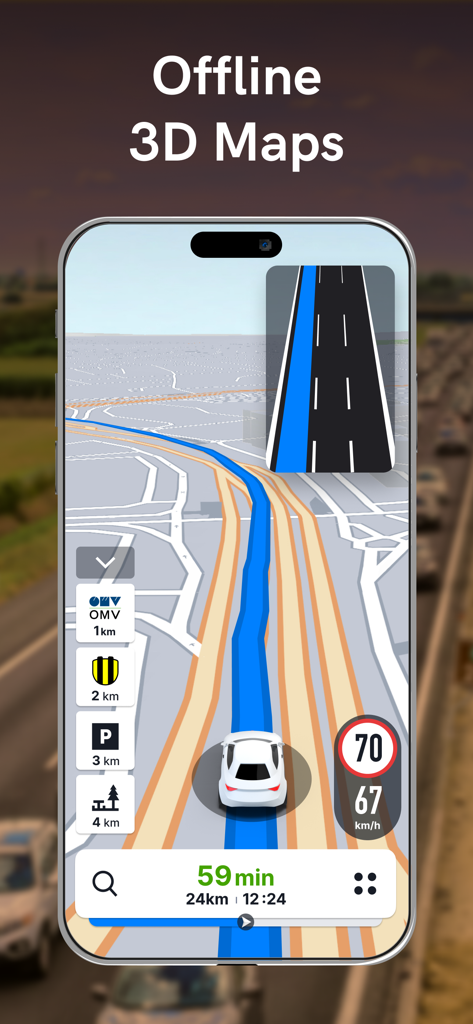 Sygic GPS Navigation & Maps - 오프라인 3D 지도와 차선 지원을 보여주는 Sygic GPS 내비게이션 앱 인터페이스