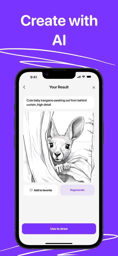 ARtie app interface showing an AI generated baby kangaroo sketch based on a text prompt