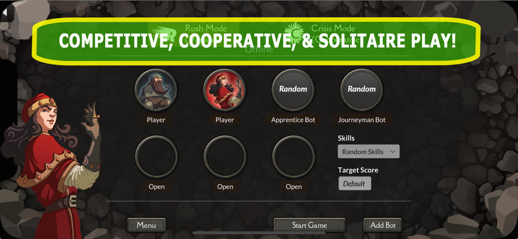 Gem Rush game lobby showing competitive cooperative and solitaire play options with character portraits and bot difficulty settings