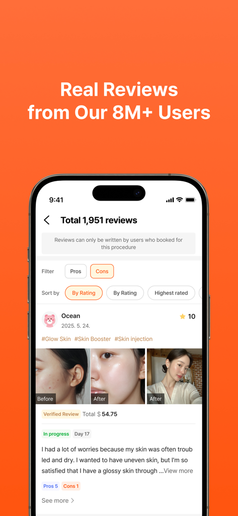 UNNI app screen featuring real user reviews and before after photos of skin treatments