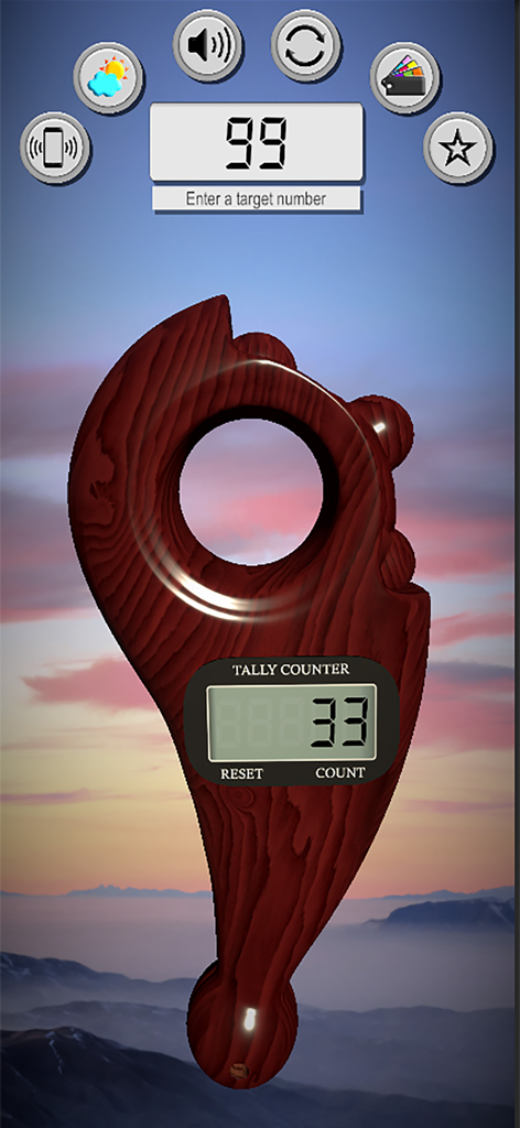 3D digital tasbeeh counter with wood texture and landscape background