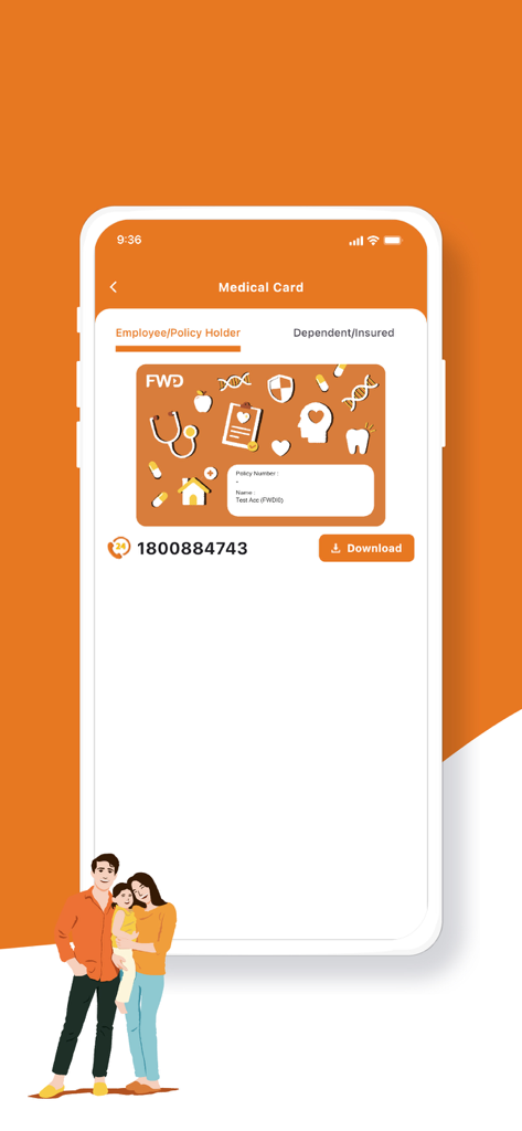 Digital medical card screen in the FWD HealthHub app