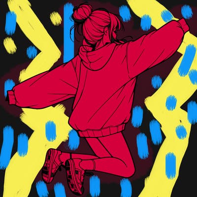 realistic girl jumping with a bun and oversized sweatshirt