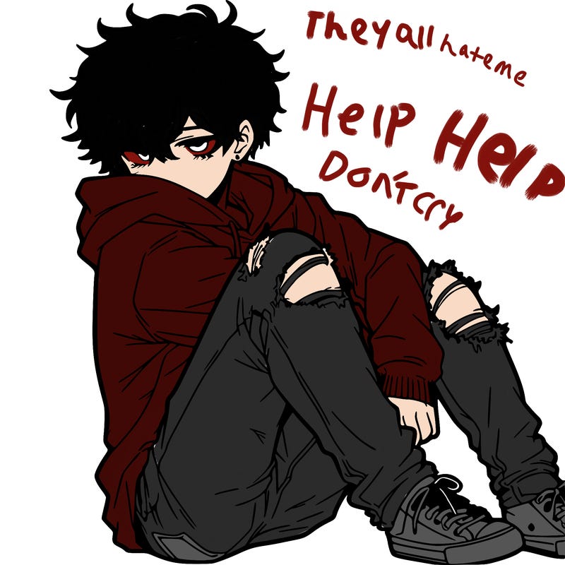 a male hoddie ripped jeans messy hair anime