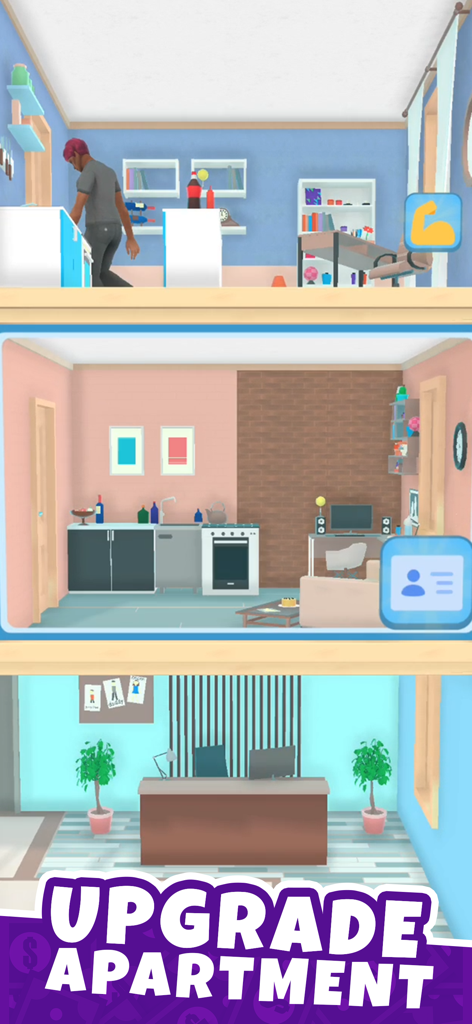 Landlord Simulator - Cross section of three building floors showing room management and the text upgrade apartment