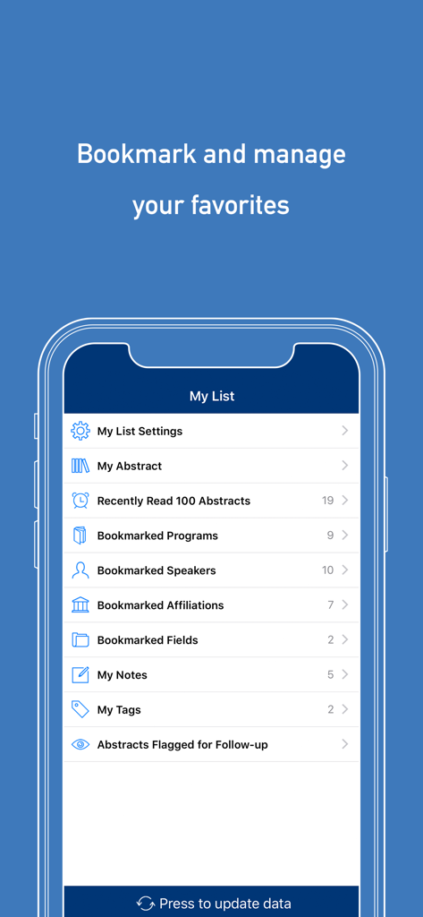 Interface de l'application MICEnavi montrant l'écran Ma Liste avec des options pour gérer les programmes, les intervenants et les résumés de conférence mis en favoris.
