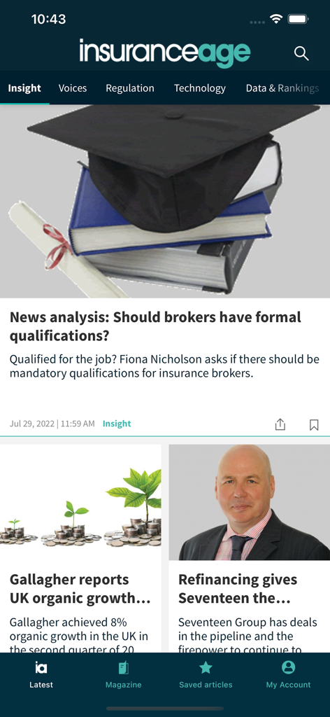 Insurance Age - Insurance Age mobile app showing industry news articles and navigation menu.