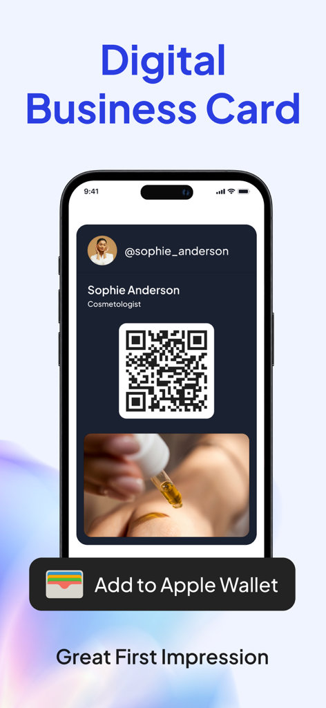 Fluer app digital business card with QR code and Apple Wallet integration for a cosmetologist profile