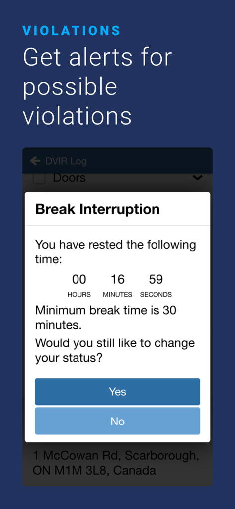 Geotab Drive app screen showing a break interruption violation alert for commercial drivers to ensure HOS compliance