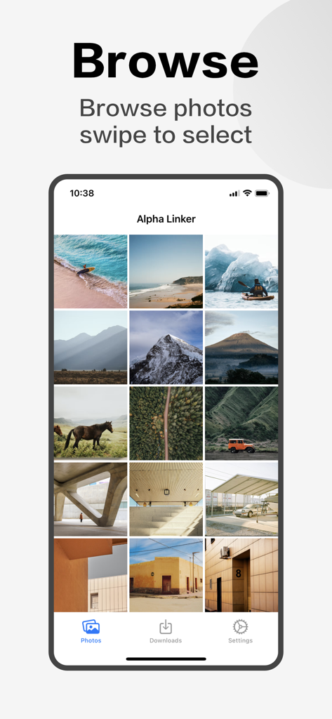 Alpha Linker - Camera Transfer - Écran de l'application Alpha Linker montrant une grille de photos à parcourir et à sélectionner pour le transfert