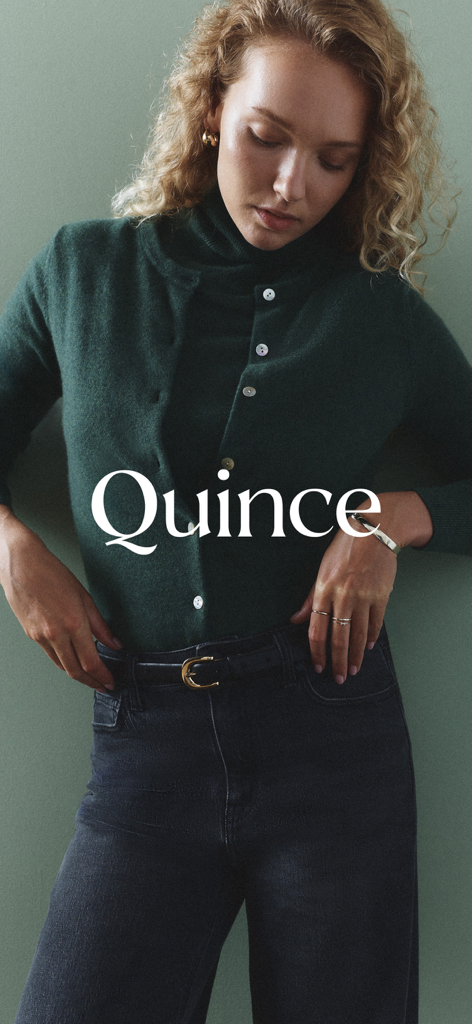 Quince - Woman wearing a forest green cashmere cardigan and turtleneck from Quince