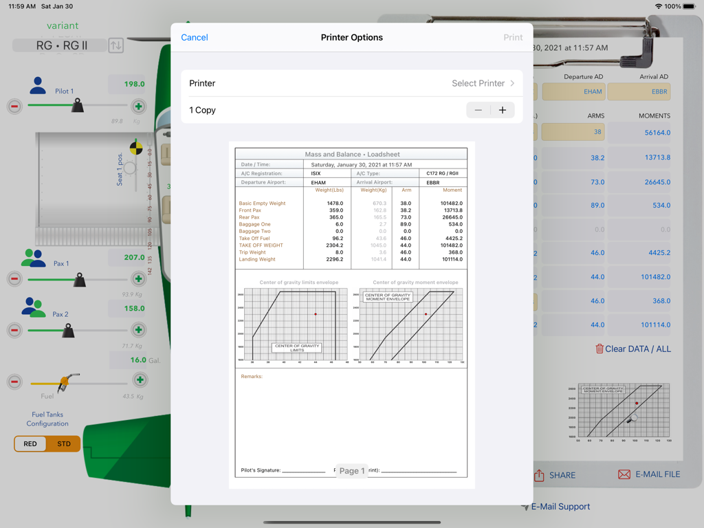 Cessna 172 mass and balance loadsheet PDF preview on an iPad