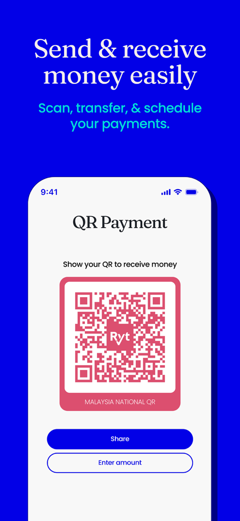 Ryt Bank Mobile-App-Oberfläche mit einem QR-Code zum Empfangen von Zahlungen in Malaysia.