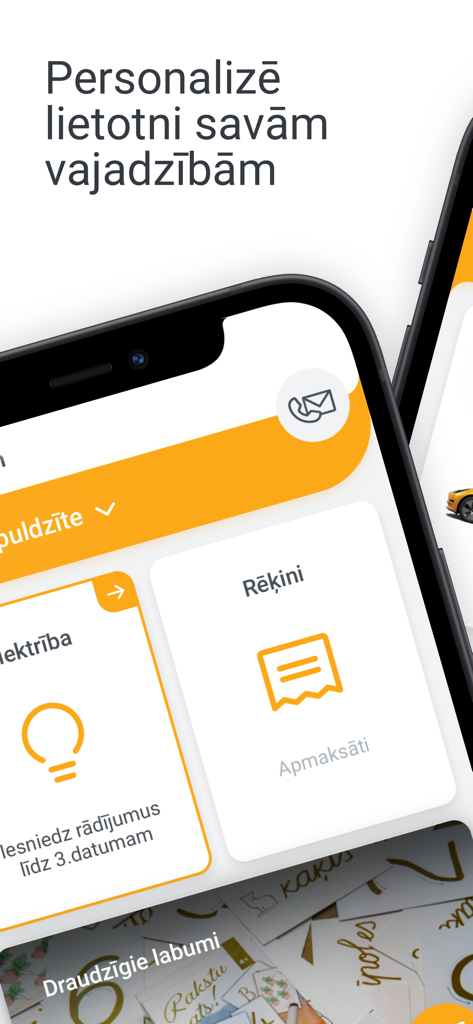 The Elektrum Latvija app interface showing personalized tiles for bill payments and electricity meter readings