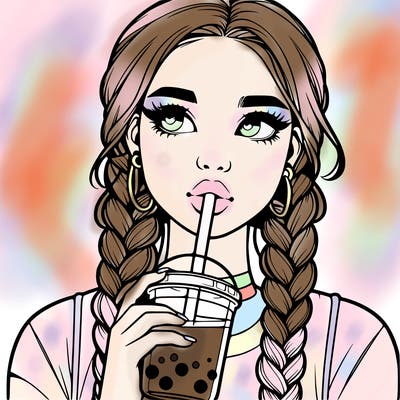 realistic girl with braided hair drinking boba