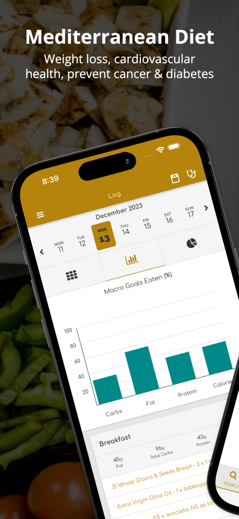 Pantalla de la aplicación de seguimiento de macros y registro de alimentos de la dieta mediterránea