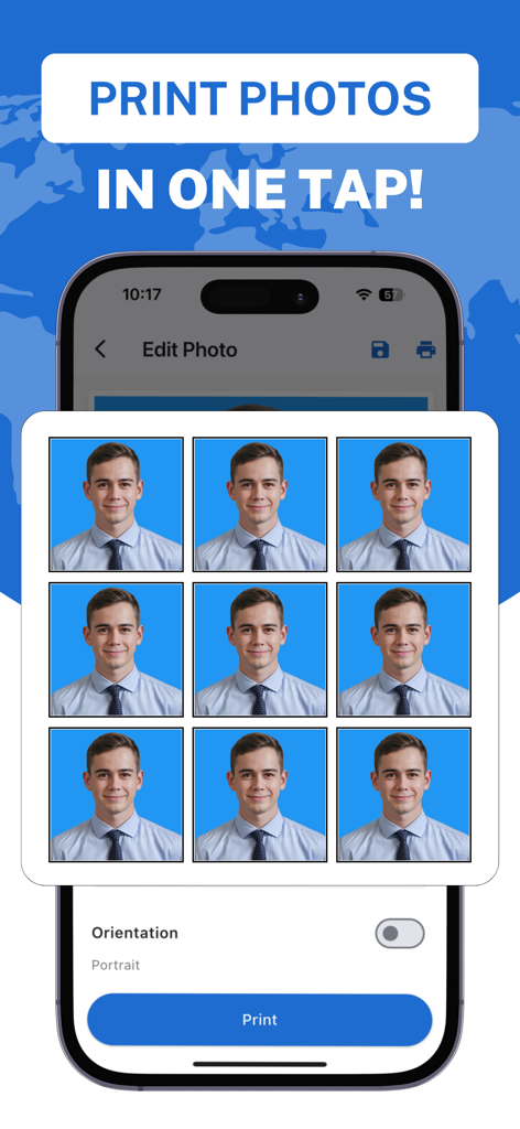 Passport Photo ID Visa Maker - Écran de l'application mobile montrant une grille de neuf photos de passeport prêtes à être imprimées en un clic.