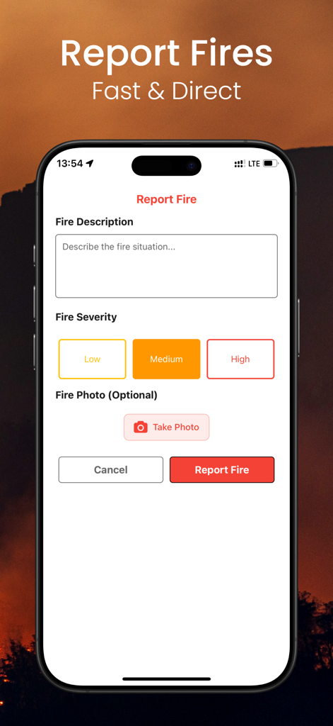 MAP DE FIRE - A screenshot of the MAP DE FIRE app showing the fire reporting interface with fields for description, severity levels, and a photo upload button.