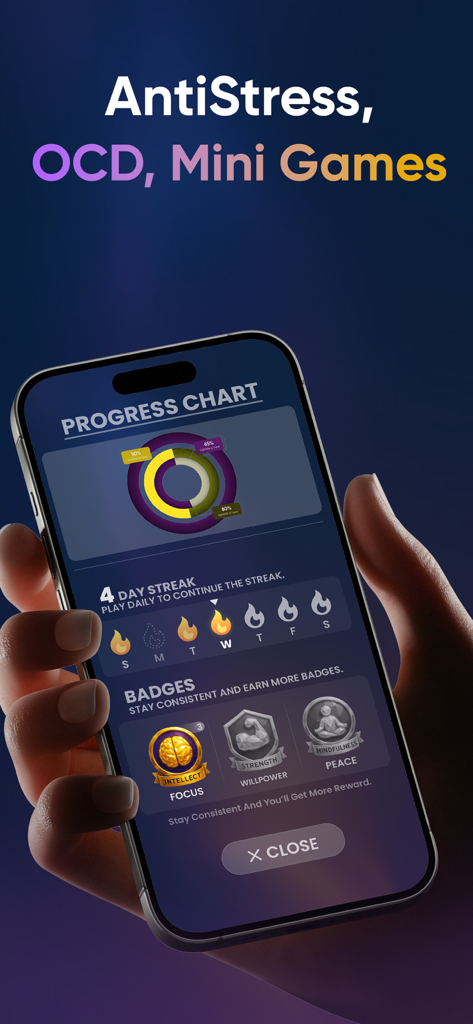 10000 Offline Games: No Wifi - Pantalla de smartphone mostrando una aplicación antiestrés con un gráfico de progreso, indicador de racha diaria y distintivos de logros para la concentración y la paz.