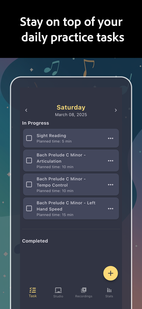 Tompo app interface showing a list of musical practice tasks including sight reading and Bach preludes