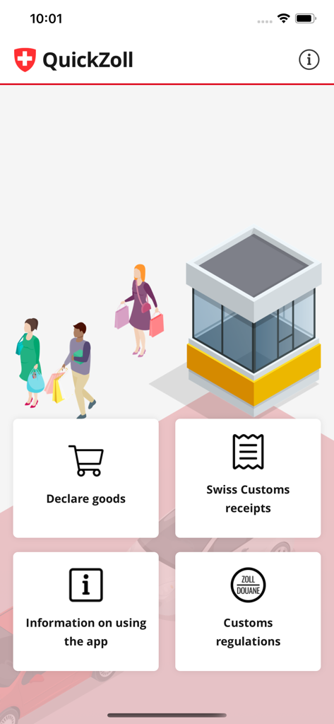 QuickZoll - QuickZoll app home screen displaying menu options for declaring goods and viewing Swiss Customs receipts
