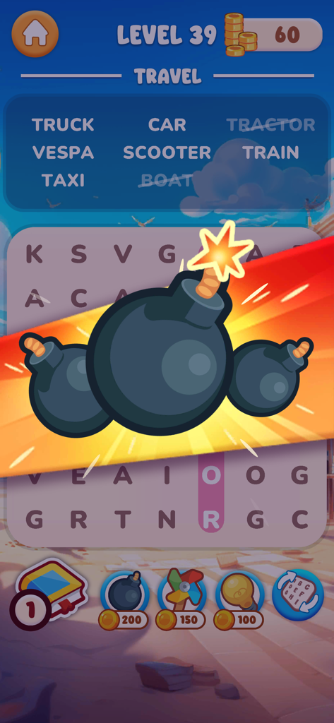 Gameplay of Word Search English showing a travel themed word list and a bomb power up effect.