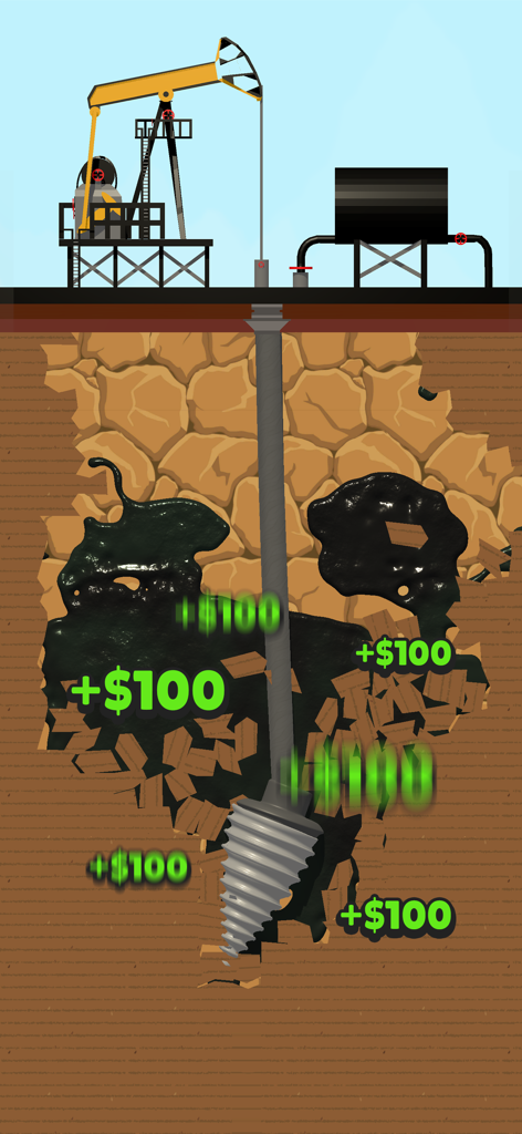 A large mechanical drill extracting oil underground with money symbols in the Drill and Collect game
