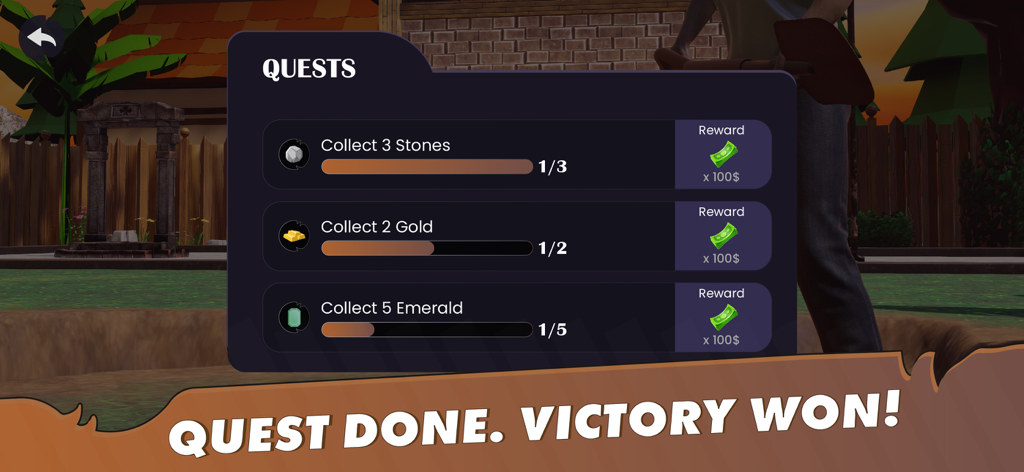 Treasure Core: Dig & Discover - In-game quests menu in Treasure Core showing goals to collect stones gold and emeralds for rewards