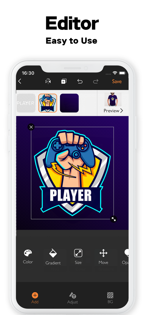 Logo Maker: Watermark Designer - Mobile app editor screen showing a gaming logo with a fist holding a controller and editing tools