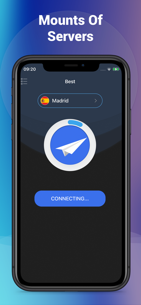 VPN - Super Proxy for iPhone - Interface do aplicativo VPN mostrando uma conexão a um servidor de Madrid.