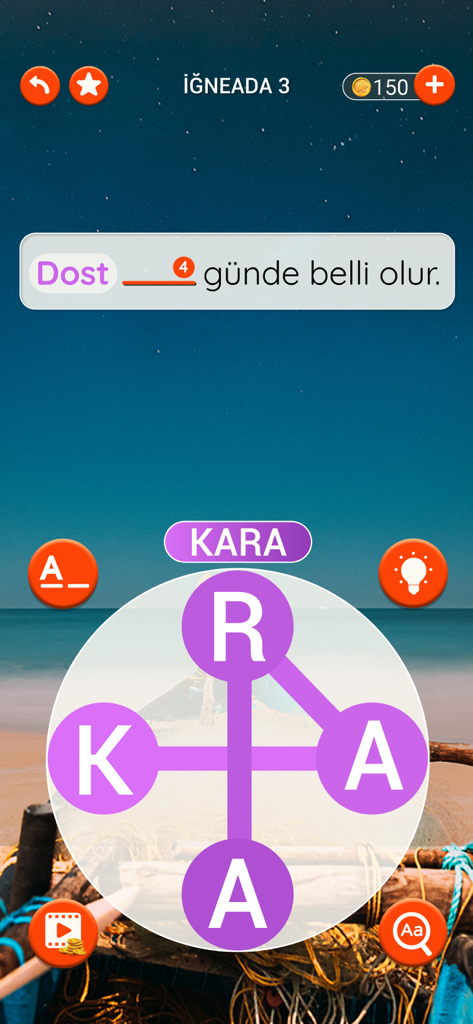 속담 퍼즐과 글자 연결 휠이 있는 터키어 단어 게임 화면
